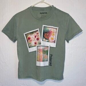 Polaroid Womens Graphic T-Shirt XS Sage Green Butterfly Floral Crew Neck